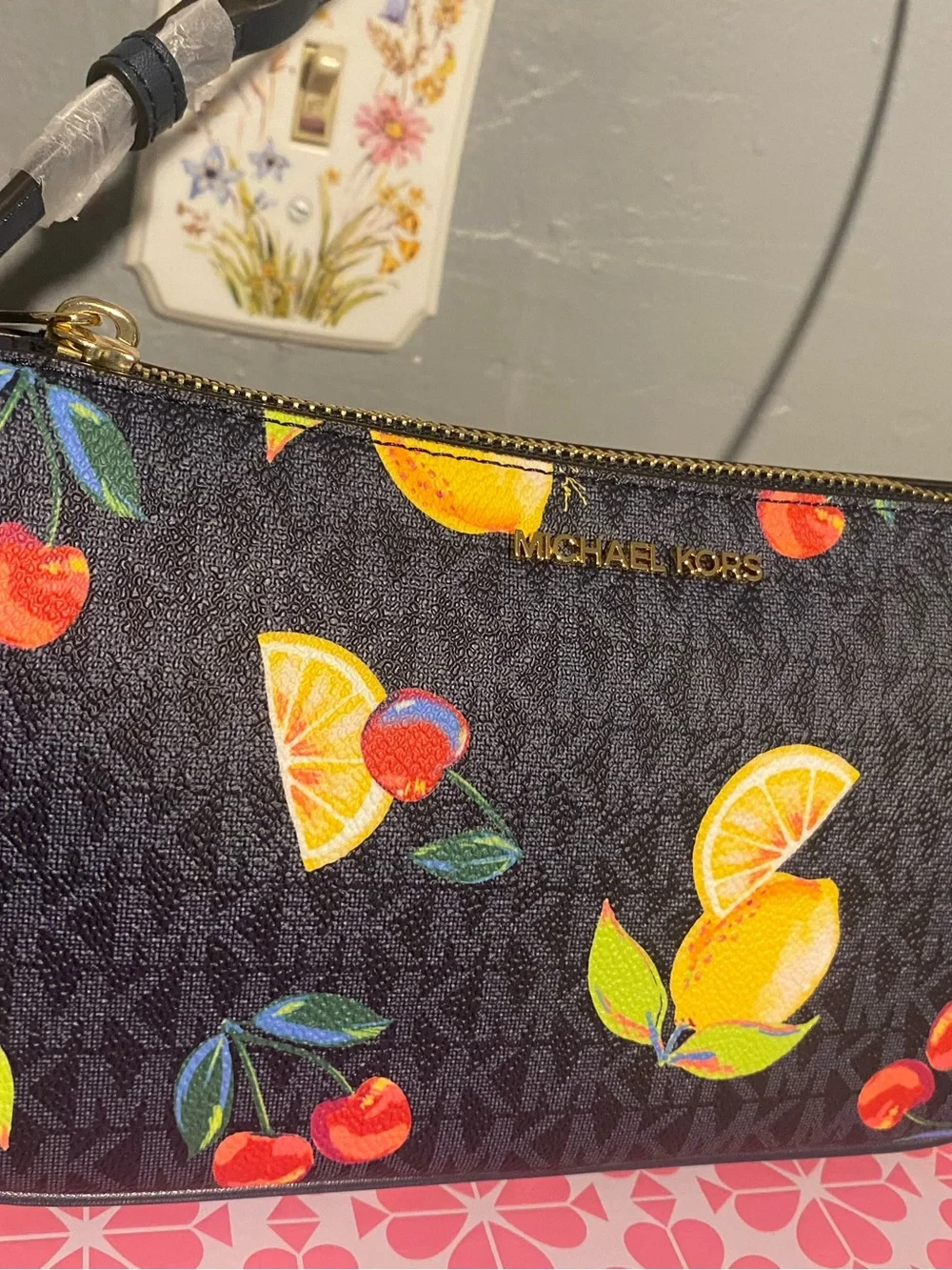 Michael Kors Navy Logo Canvas Citrus Lemon & Cherries purse with Gold Hardware